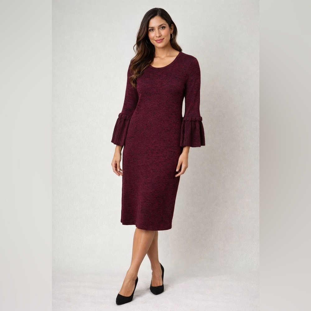 Nina Leonard Burgundy Bell Sleeve Knit Dress – Size M